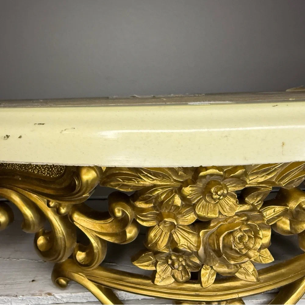 Vtg 1965s Gold Ornate Rose & Marble Wall Shelf Dart Syroco Hollywood Regency MCM